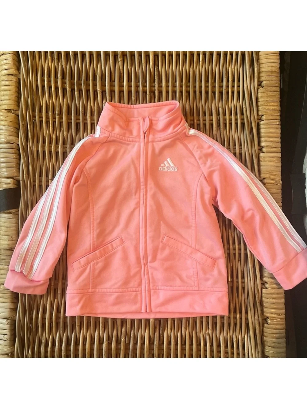 adidas Light Pink Toddler Girls 18M Zip-Up Long Sleeve Jacket with White Stripes